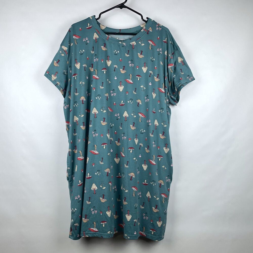 Joyspun Mushroom Sleepshirt Plus Size 2X-3X Teal Blue Green Pockets Cottagecore